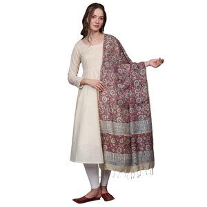 1193 Women's Kalamkari Semi Linen Dupatta With Block-printed Flowers |